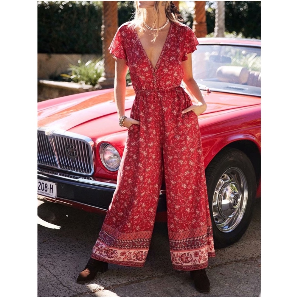 Boho gypsy Red floral v neck wide leg jumpsuit - Picture 1 of 9